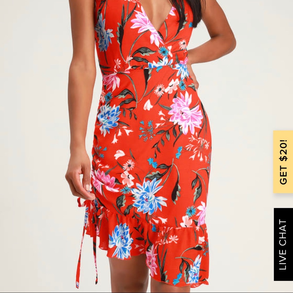 Ali & Jay  RED FLORAL PRINT ASYMMETRICAL MIDI